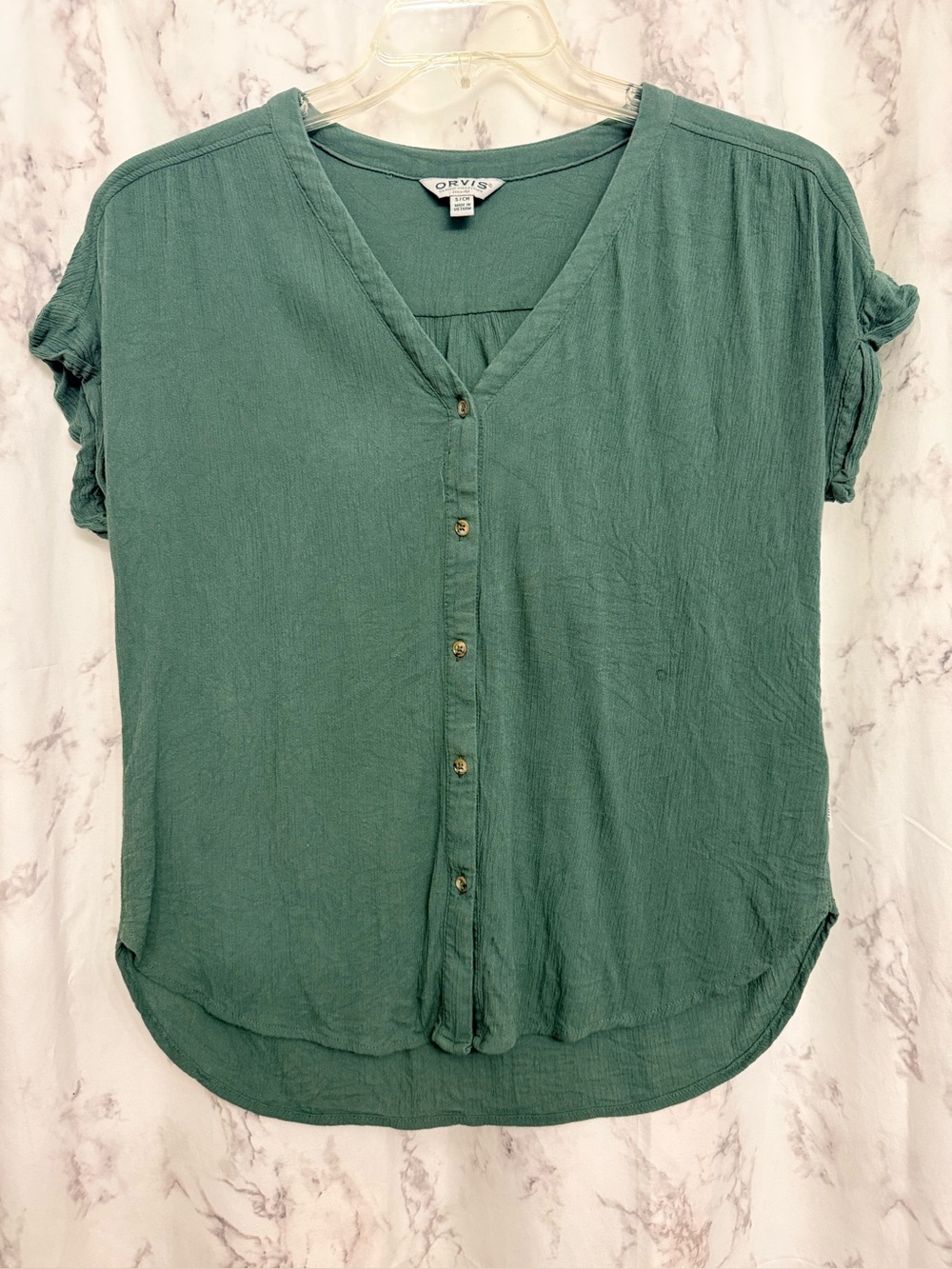 Orvis Relaxed V-Neck Button-Front Blouse in a Muted Green